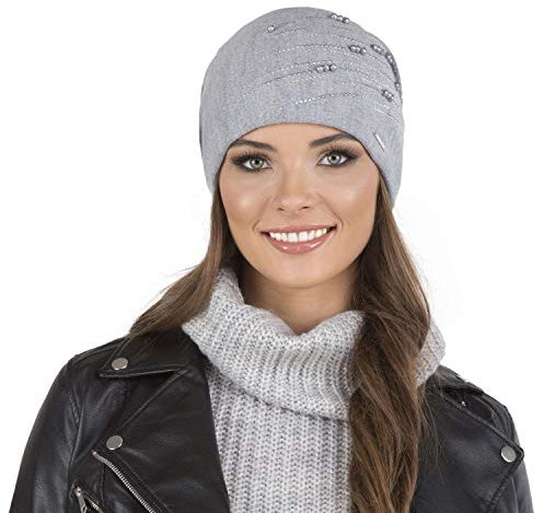 VIVISENCE Damen Mütze Strick Warm Fleece Zirkonia Perlen Elegant Winter 7012, Hellgrau,Einheitsgröße