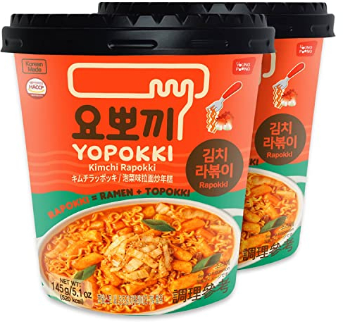 Yopokki Instant Rabokki Cup (Kimchi, 2 Tassen) Koreanisches Street Food mit Kimchi-Geschmack Sauce Ramen Nudel Topokki Reiskuchen – schnell und einfach zuzubereiten