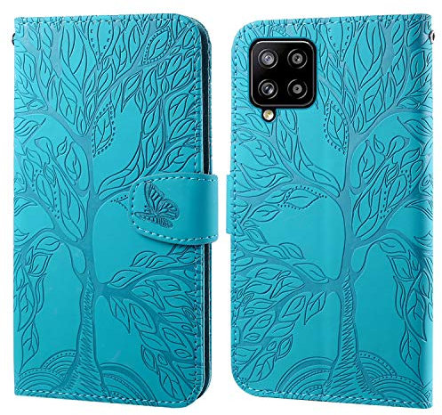 Aisenth Samsung Galaxy A12 Flip Case, The Tree of Life Embossed PU Leather Wallet Phone Folio Case Magnetic shockproof Protective Cover with Stand function, Card Slots + 1 pcs Wrist Strap (Blue)