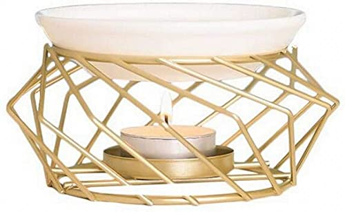 AKAMAS Brûleur de cire géométrique en métal - Brûleur d'huiles essentielles en céramique - Pour la maison, le bureau, le yoga, le spa, la chambre à coucher, le salon - Doré