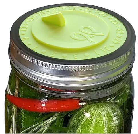 7pack Maintenance free airlock waterless fermentation lids for wide mouth mason jars. Make Sauerkraut, Kimchi, Pickles, any fermented vegetable probiotic foods. BPA free, mold free, dishwasher safe.