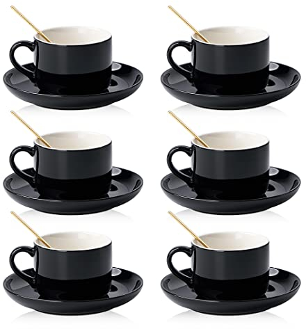 CHILDIKE Porcelain Coffee Cups and Saucers Set of 6 with Gold Spoon 220 ml/ 8 Ounce, Ceramic Black Cups for Tea Cappuccino Espresso