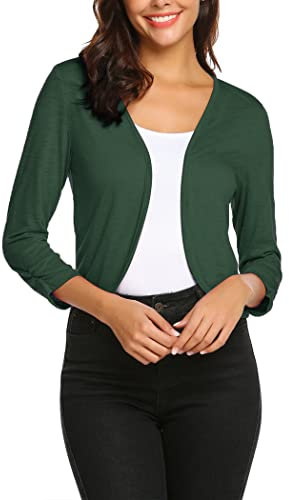 Parabler Damen Bolero Langarm Elegant Open Front Kurz Strickjacke Festlich Casual Shrug Cardigan Leicht 3/4 Ärmel Bolerojacke für Abendkleid Dunkelgrün S