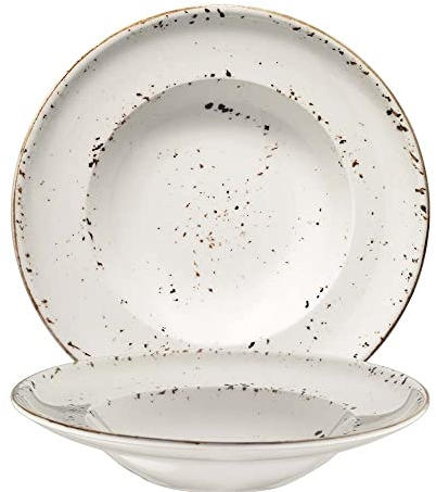 Bonna 6x Suppenteller Pastateller Speiseteller Essteller Salatteller Geschirr Teller tief 27cm 45cl Creme Weiß Braun Porzellan rund Grain Gourmet Kantenschutz Vintage Retro