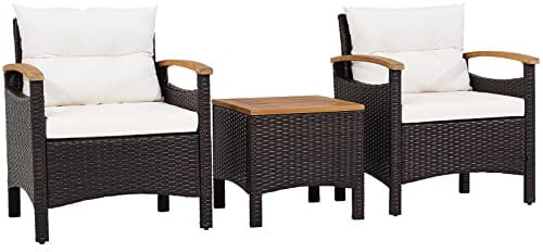 RELAX4LIFE 3 Pieces Rattan Bistro Set, Wicker Garden Furniture Set with Cushions, Acacia Wood Top Coffee Table and Chairs, Outdoor Furniture Patio Conservatory Sofa Table for Balcony Yard Poolside
