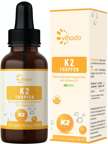 Vihado Vitamin K2 Tropfen hochdosiert, Premium: MK-7 99,7% All-Trans K2VITAL®, echte 200 μg Vitamin K2 pro Tagesdosis, 50 ml (1700 Tropfen)