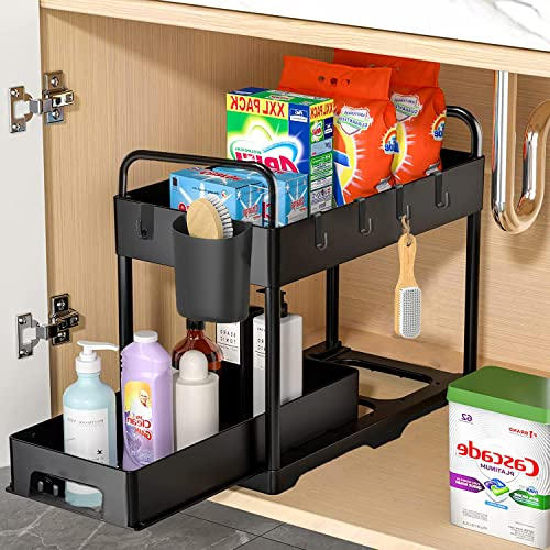 CompraFun 2 Etagen Unter Waschbecken Regal, Arbeitsplatte Regal mit 6 Haken & 2 Tasse, Schiebeschublade Unterschrankregal, Spülschrank Organizer, Küche Organizer Gewürzregal
