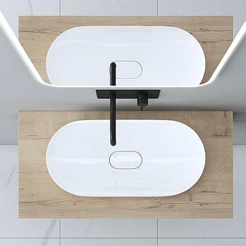 Mai & Mai Sobre Encimera de Madera Maciza para Lavabo Incl. Soporte de Acero Inoxidable, Estante de Pared para Baño Platte04, Roble Claro, 50x100 cm