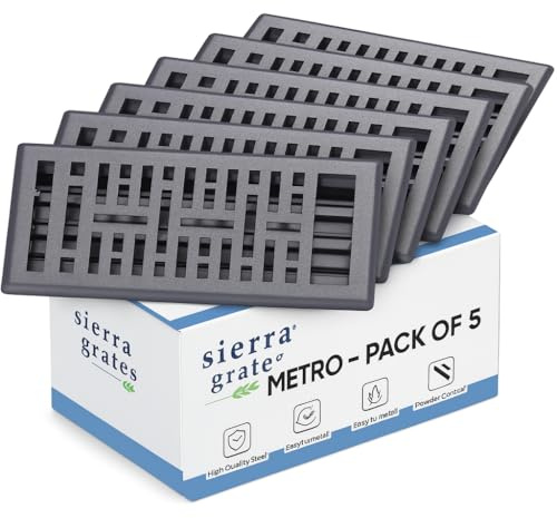 Sierra Grates 4x10 Steel Floor Register Vent Cover, Metro Design Grey Finish, Decorative Steel HVAC Air Vent Grille, Durable Heavy Duty Floor Vent for Home, Easy Install,5 Pack