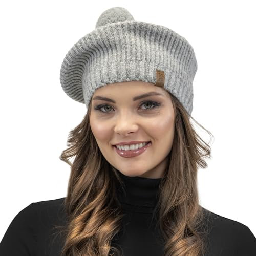 VIVISENCE Damen Baskenrmütze Warm Bequem Kopfbedeckung Bommel Winter 7074, Hellgrau,Einheitsgröße