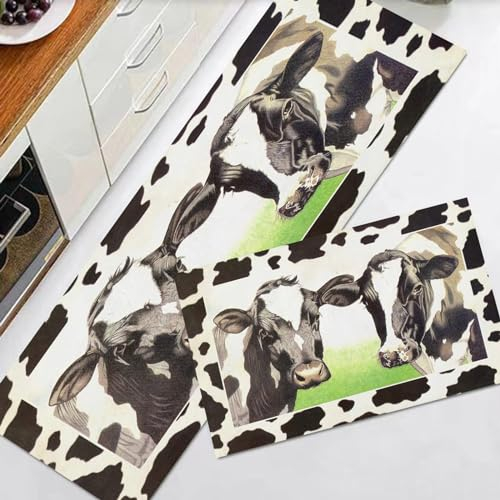 EKSED Juego de 2 Alfombrillas de Cocina Antideslizantes para el Suelo de la Cocina,Ganado lechero Vaca lechera Verde Pastizal Blanco Negro,para baño/salón, Pasillo, 40x60+40x120cm