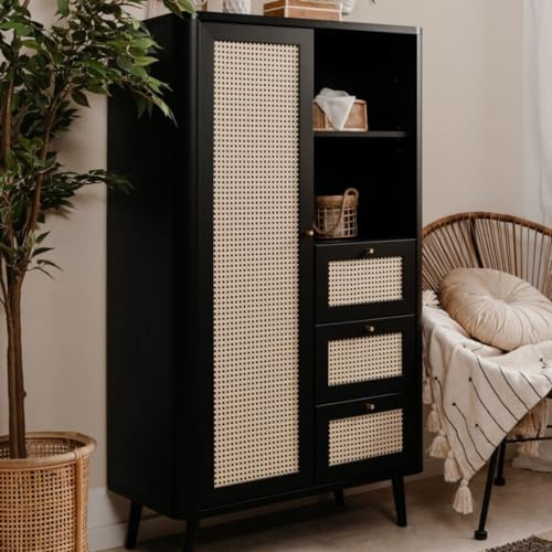 Buffet 180x141h cm avec 3 tiroirs et porte effet raphia couleur noir - KUTA53