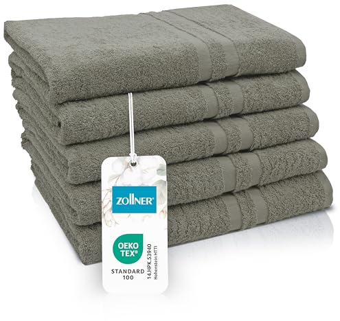 ZOLLNER 5er Set Duschtücher in 70x140 cm - Flauschige Badehandtücher aus Baumwolle - mit moderner Streifenbordüre - bis 60°C waschbar - mit praktischem Aufhänger - in Taupe - Hotelqualität