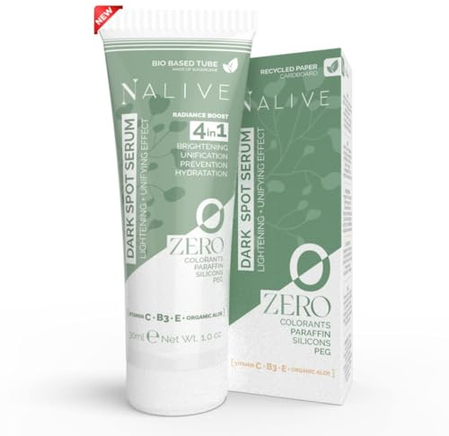 Nalive ZERO - Siero Antimacchie Viso e Corpo Ipoallergenica per Pelli Delicate - Vitamine C-B3-E - Made in Italy - Siero Schiarente macchie scure - NO Paraffina Siliconi Coloranti Profumo Peg, 30 ml