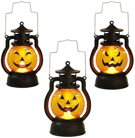 KEELYY 3 Stück Halloween Laterne,Tragbare Kürbis Led,Halloween Vintage Kürbis laterne,Kürbis Licht,Halloween Deko Kürbis Beleuchtet,Kürbis laternen mit verschiedenen Ausdrücken,Halloween Dekoration