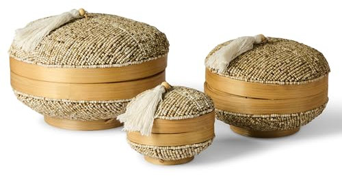 Lot de 3 boîtes de rangement avec couvercle en bambou – Boîtes décoratives bohème faites à la main avec perles brodées – Panier de rangement rond décoratif tressé