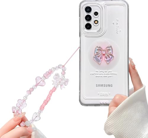 Reownest Kompatibel mit Samsung Galaxy A13 4G Hülle Cute 3D Rosa Schleife Transparent Aesthetic Süßes Design Handyhülle Frauen Mädchen Kamera Objektiv Schutzhülle + Glitter Bow Crystal Kette