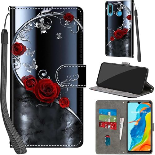 Handyhülle für Huawei P30 Lite Hülle PU Leder Schutzhülle Klappbar mit Kartenfach Ständer Handytasche mit Kameraschutz Flip Case Klapphülle für Huawei P30 Lite, silberner Schmetterling