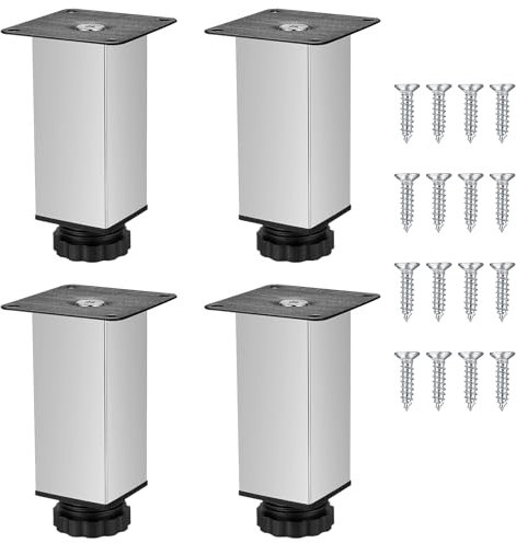 4 x Stainless Steel Cabinet Legs, 4 Adjustable Height 0-12mm Table Legs for Furniture, Sofa, Chair, Kitchen Cupboard, Breakfast Bar