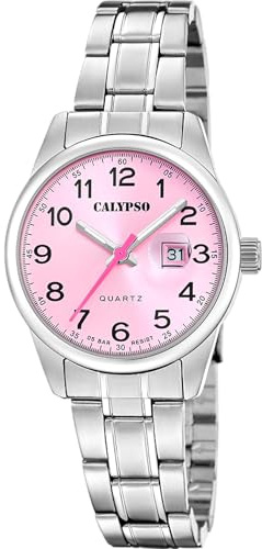 Calypso Damenuhr Analog aus Edelstahl 316l Silberfarben | Quarzwerk, Widerstandsfähiges Mineralglas, Wasserdicht 5 ATM, Kalender K5873/2, Basic