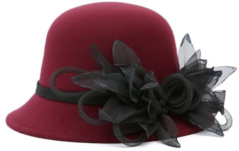 Punctualgood Damenhut aus Wollfilz, Kirche, Derby, Hochzeit, Braut, Blumen, Bowlerhüte, Weinrot, Einheitsgröße