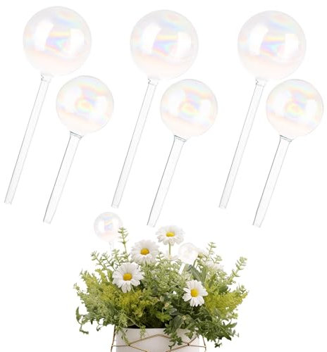 YOUNTHYE 6 Pcs Plant Watering Globes, Light Iridescent Color Glass Watering Globes for Indoor Outdoor Plants, 2 Sizes Self Watering Plant Spikes Automatic Plant Waterer Bulbs