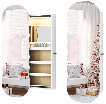 HNEBC Armoire à bijoux avec miroir LED, 120 cm, organiseur de bijoux mural avec lumières, armoire à bijoux arrondie à suspendre au-dessus de la porte, miroir mural pleine longueur avec rangement
