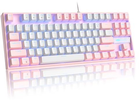 MageGee 75% Mechanical Gaming Keyboard with Red Switch, LED Blue Backlit, 87 Keys TKL Wired for Windows PC Gamer - White/Pink