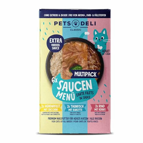 Pets Deli Getreidefreies Nassfutter Multipack Saucen Menü Huhn, Thunfisch, Rind für Katzen 6 x 70g