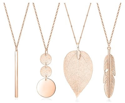 LEEQBCR 4 Stück Lange Kette Damen Kette Gold Lange Anhänger Halsketten Set Silber Bar Feder Kreis Blatt Schloss Quaste Y-Halskette Schmuck-Set Statement Halskette