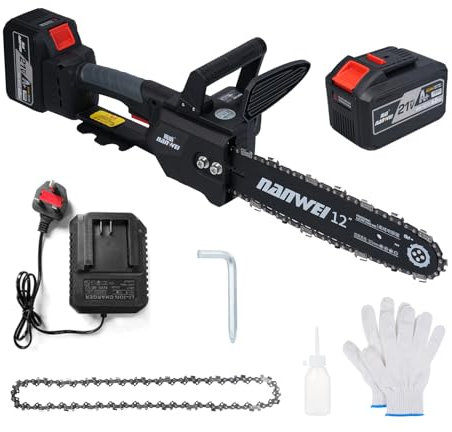 12inch Electric Chainsaw 2000W Brushless Chainsaw Handheld Logging Saw with Safety Lock 2pcs 21V 6000mah Rechargeable Battery for Wood Cutting Trimming Courtyard Garden Building Decoration UK Plug