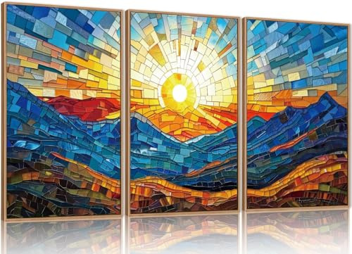 TOARTi Mosaik Aquarell Berglandschaft Leinwand Bilder,Wandbilder Wohnzimmer Boho Landschaft Bild Aesthetic,Modern Wanddeko Kunstdruck Schlafzimmer Badezimmer Büro Esszimmer 3er Set 30x40cm
