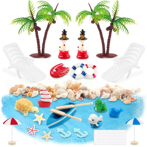 YPLonon 27 Stück Mini Stranddekorationen Miniatur Strand-Mikrolandschaft Niedlich Kleine Palme Deko Accessoires Miniatur-Ornament-Set Strand-Mikrolandschaf für Schreibtischdekor