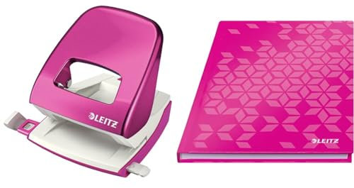 Leitz WOW Set Büro Locher aus Metall + Notizbuch A5 kariert, 160 Seiten, 80 Blatt, Locher für 30 Blatt, Anschlagschiene mit Formatvorgaben, Ergonomisches Design, Pink, 50081023 + 46281023