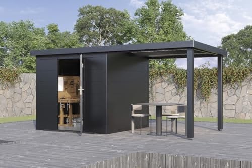 Finnhaus Wolff Metall-Gerätehaus Thorin 4824 Anthrazit Gerätehaus aus Metall in Anthrazitgrau, Geräteschrank mit 0,55 mm Wandstärke inklusive Terrasse inklusive Schleppdach Gartenhaus