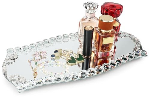 Vassoio con specchio, per gioielli con diamanti, decorazione da toeletta da bagno, vassoio per gioielli, vassoio per chiavi, design antiscivolo, 38 x 18 cm