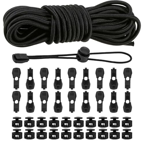 10 m, filo elastico in gomma nero, 3.0 mm, elastico rotondo, corda di gomma con 40 fermacorda, 30 fermacorda, 2 fori