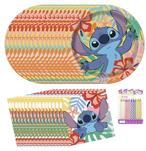 Stitch Lot de fournitures de fête pour 16 invités – Assiettes et serviettes de table de 22,9 cm, avec bougies d'anniversaire