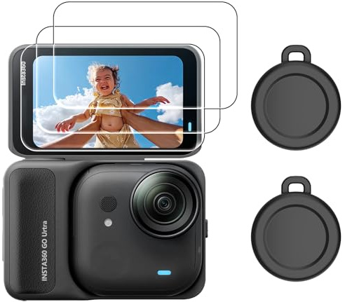 AMAZEAR Display & Objektiv Schutz für Insta360 GO Ultra Zubehör - 3x Display Schutzfolie aus Gehärtetem Glas & 2x Silikon Objektivkappen Set, 9H Härte, Berührungsempfindlich, HD