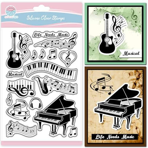 GLOBLELAND Silikonstempel Musik Noten Klare Silikon Stampl Instrumenten Stempel Klavier Gitarre Saxophon Clear Stamps für DIY Journal Scrapbooking Fotoalbum Kartenherstellung