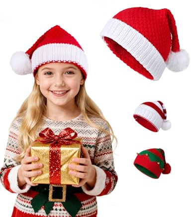 MELLIEX Weihnachtsmütze Strickmütze Weihnachten Winter Ananas-Strick Streifen Elf Pom Beanie Für Kinder, Mädchen - S