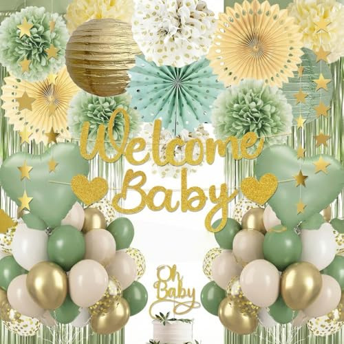 1 Set Baby Shower Decorations, Sage Green & Dusty Blue Party Decor Kit with Banner, Balloons & Paper Fans, Baby in Bloom Baby Shower Decorations for Boys or Girls, Birthday Party Decor