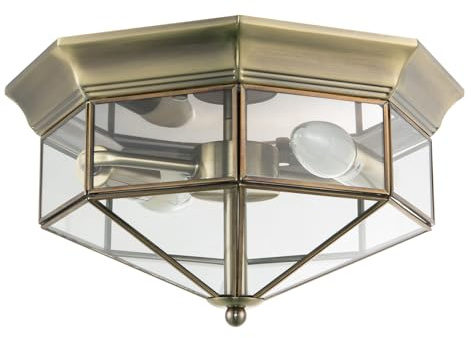 Happy Homewares Classic Flush Ceiling Light in Antique Brass with Clear Glass Panels | 2 x 7w E14 | 30cm Diameter | Bevelled Strip Metal Trims