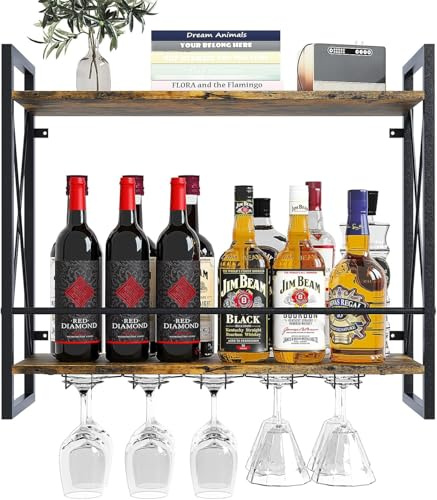 Huhote Weinregal Wandmontierte 2 Etagen, Wandregal Glas Schwimmregale mit Stemware, Moderne Weindisplay Aufbewahrungshalter, 23in Metall Holz Weinregal für Zuhause, Küche, Esszimmer, Café, Bar, Braun