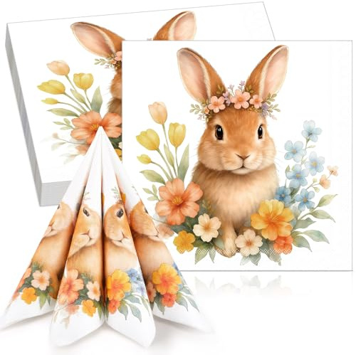 Tenare Ostern Hase Servietten 33 x 33 cm, 50 Stück, Warmes Hase | Frühling Dekorative Einweg Papierservietten für Gäste, Für Ostern, Frühling, Geburtstag, Party, Tischdeko und Partyzubehör