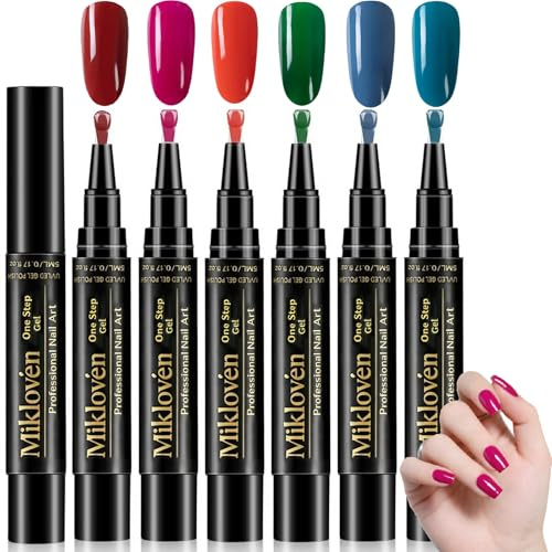 6-Pack UV Gel Nail Polish Pens, 5 ml Each, 6 Colours, Precision Tips | Wine Red, Magenta, Orange-Red, Green, Slate Blue And Teal Shades, Capped Format For Home Manicures And Simple Nail Art