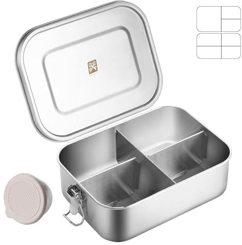 GOLDEN KEY Edelstahl Lunchbox 1200ml füR Erwachsene,Edelstahl Brotdose mit FäChern und Ersatz-Silikonring, Edelstahl Bento Box Auslaufsichere, Jausenbox Brotzeitbox Schule Arbeit Picknick und Reisen