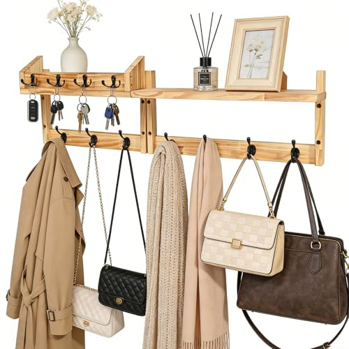 Cioquli Wandgarderobe mit Ablage, 73cm Garderobenleiste Holz mit 11 Haken | Garderobenhaken Holz, Kleiderhaken Wand, Hakenleiste Garderobe Wand für Eingang, Flur, Schlafzimmer, Wohnzimmer, platzsparend