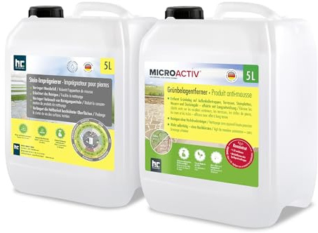 Grünbelagentferner Set 1 x 5 L & Stein- und Betonimprägnierung 1 x 5 | Entfernt Algen, Moos und schützt dauerhaft Terrassen, Pflaster und Wege