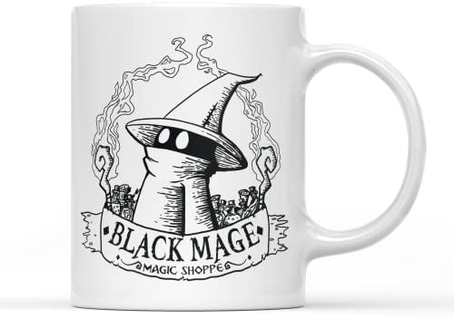 SMARTYPANTS Black Mage Magic Shoppe Mug - Computer Video Game Inspired Character Illustration Spellcaster Fantasy Science Gamer Geek Nerd Merch Tea Coffee Cup Gift Present (White Handle)